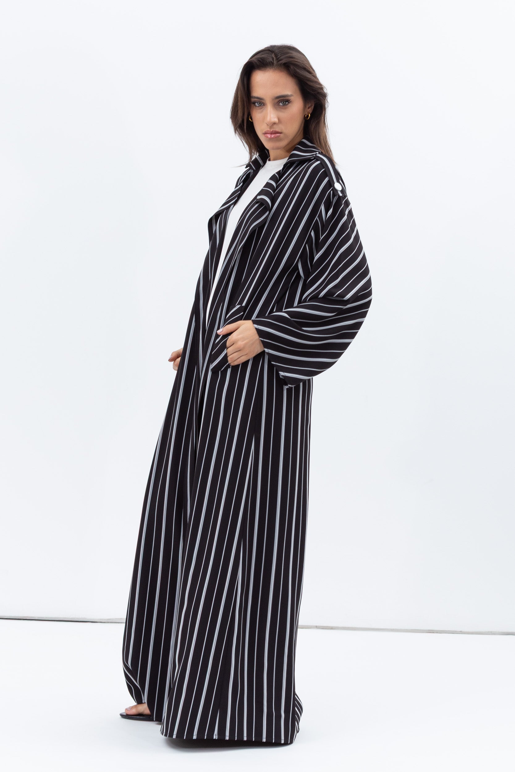 Trench Coat Abaya in Stripy Black