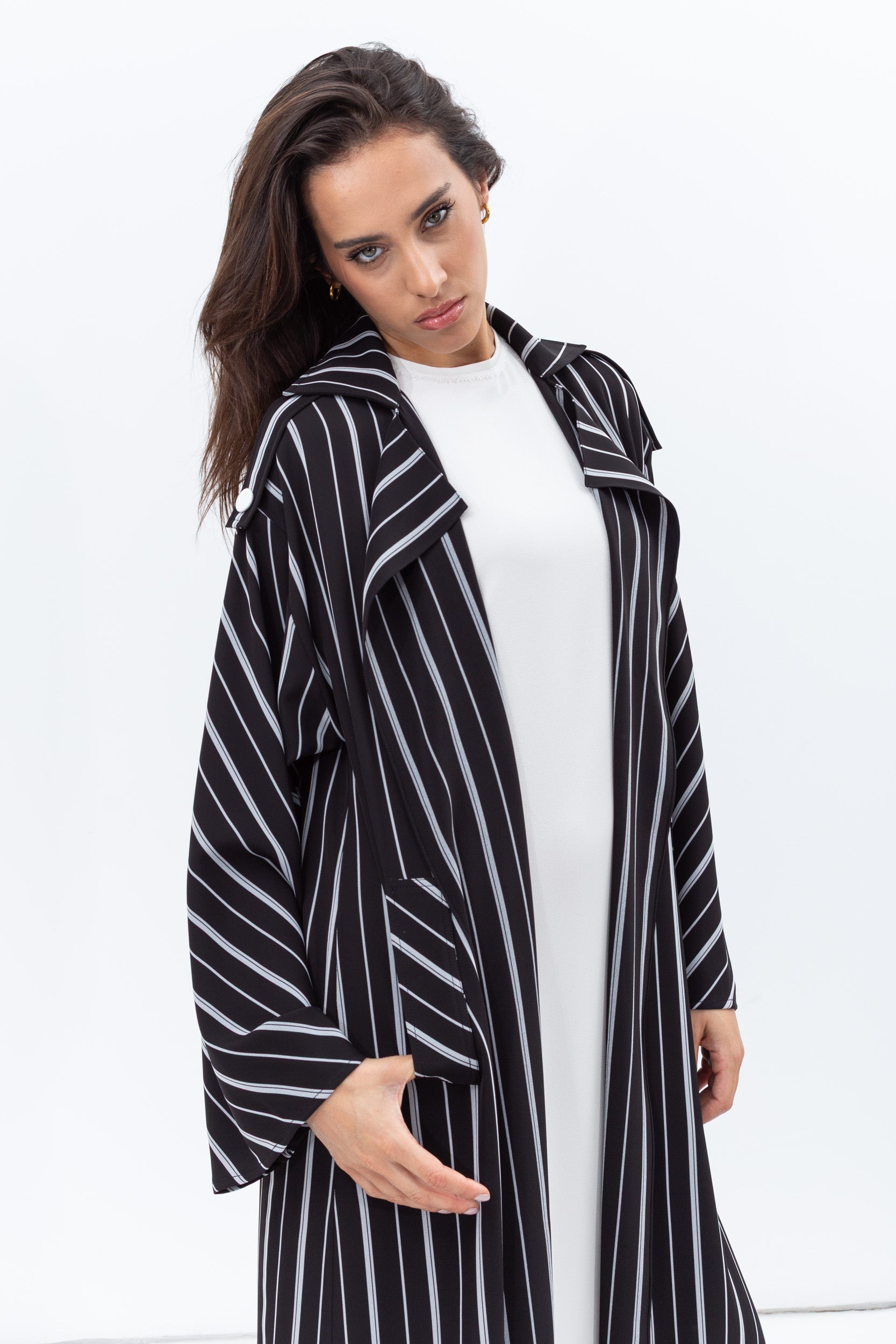 Trench Coat Abaya in Stripy Black