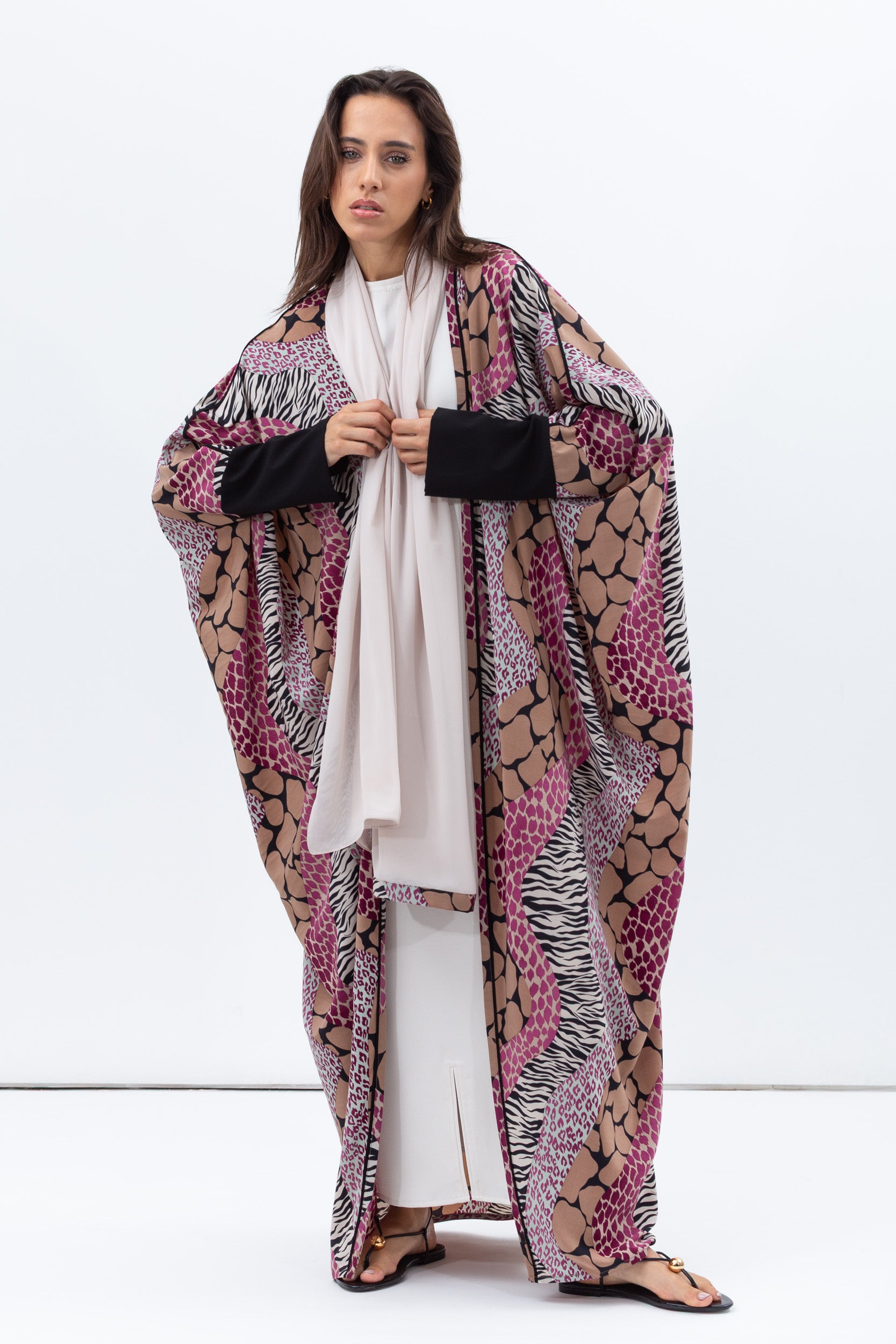 Butterfly Abaya in Mixed Print with Black Detailing