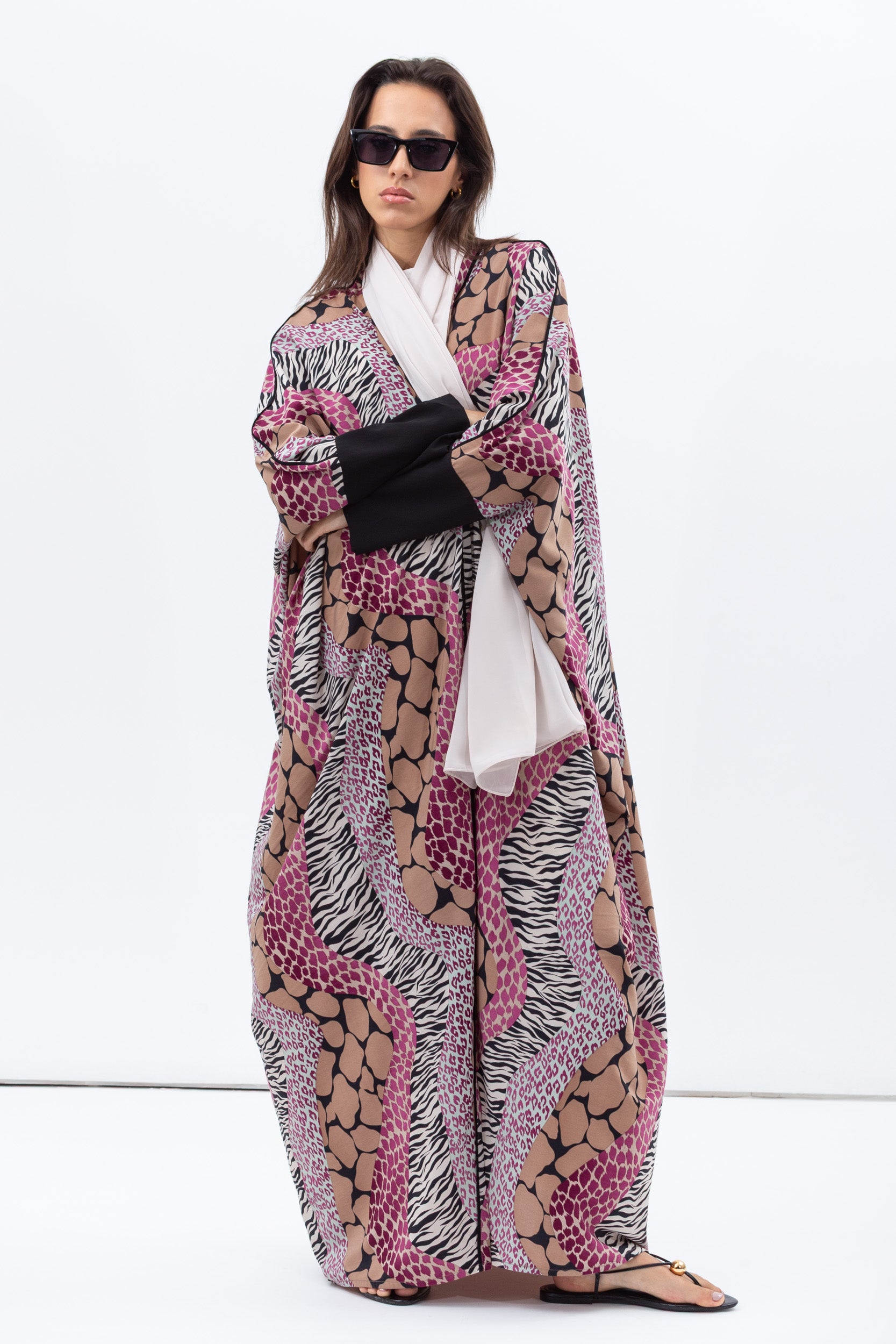 Butterfly Abaya in Mixed Print with Black Detailing