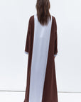 Straight Cut Abaya in Rusty Brown Linen with Grey Blue Satin Detailing