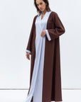 Straight Cut Abaya in Rusty Brown Linen with Grey Blue Satin Detailing