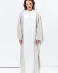 Flow Abaya in Taupe Linen with White Satin Detailing