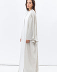 Flow Abaya in Taupe Linen with White Satin Detailing