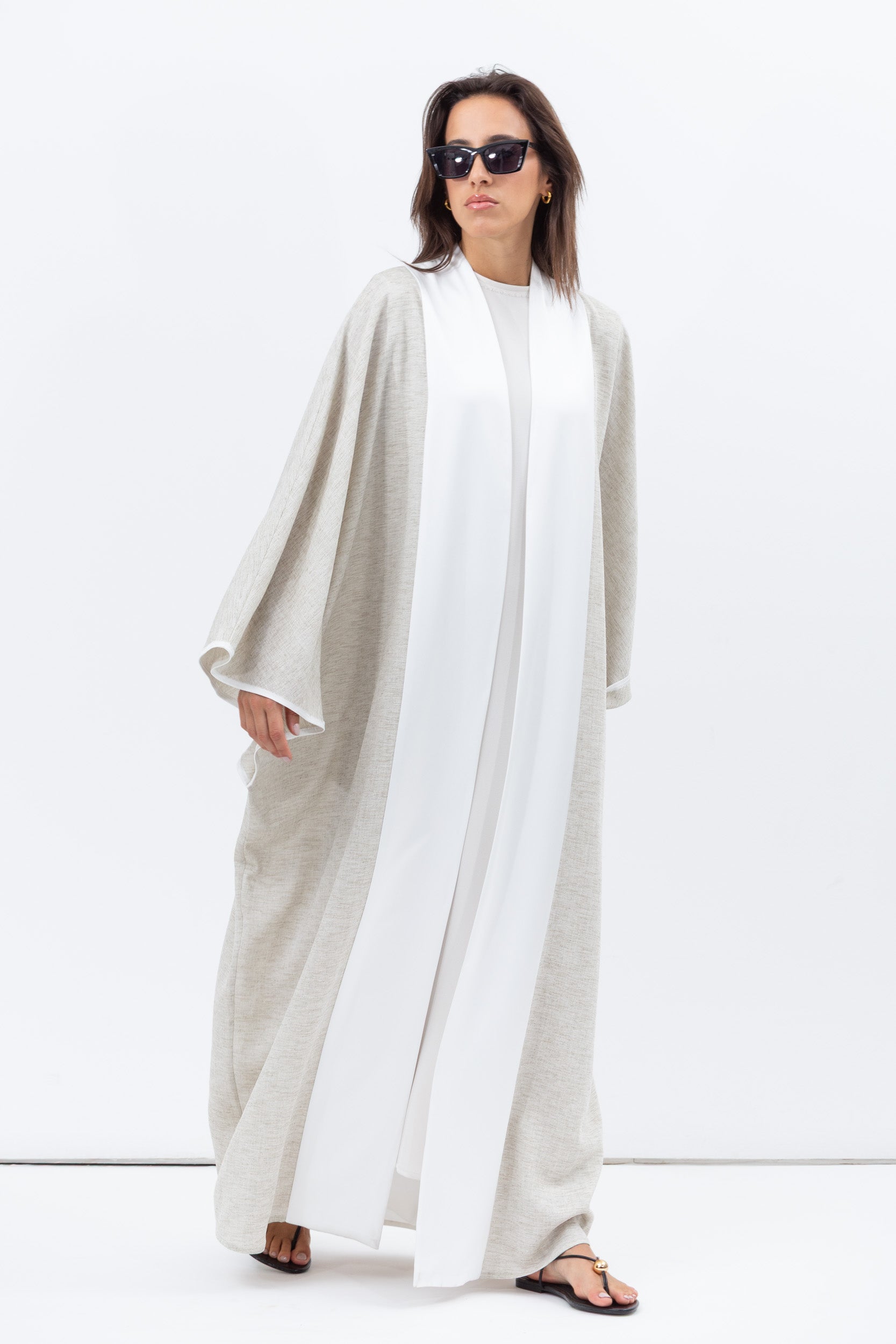 Flow Abaya in Taupe Linen with White Satin Detailing