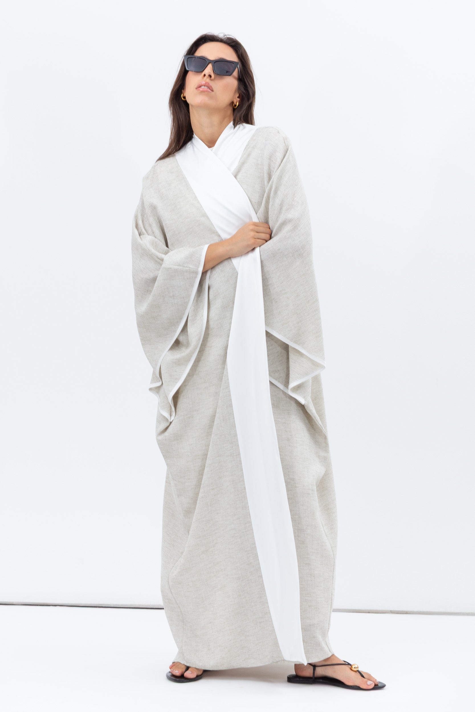 Flow Abaya in Taupe Linen with White Satin Detailing