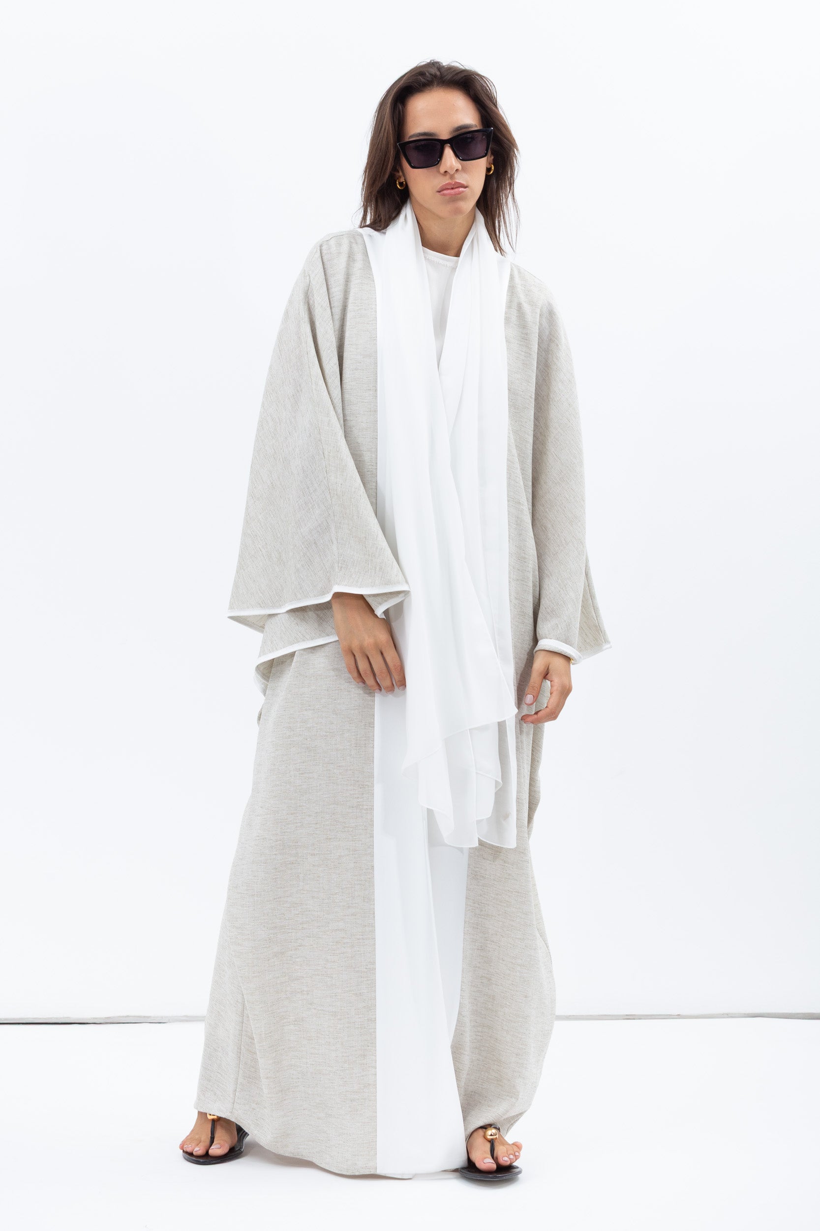 Flow Abaya in Taupe Linen with White Satin Detailing