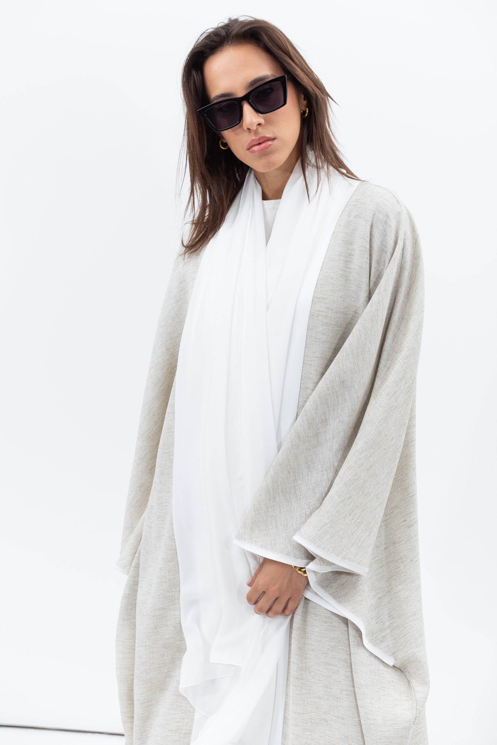 Flow Abaya in Taupe Linen with White Satin Detailing