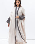 Loose cut Abaya in Beige with Grey Textured Detailing