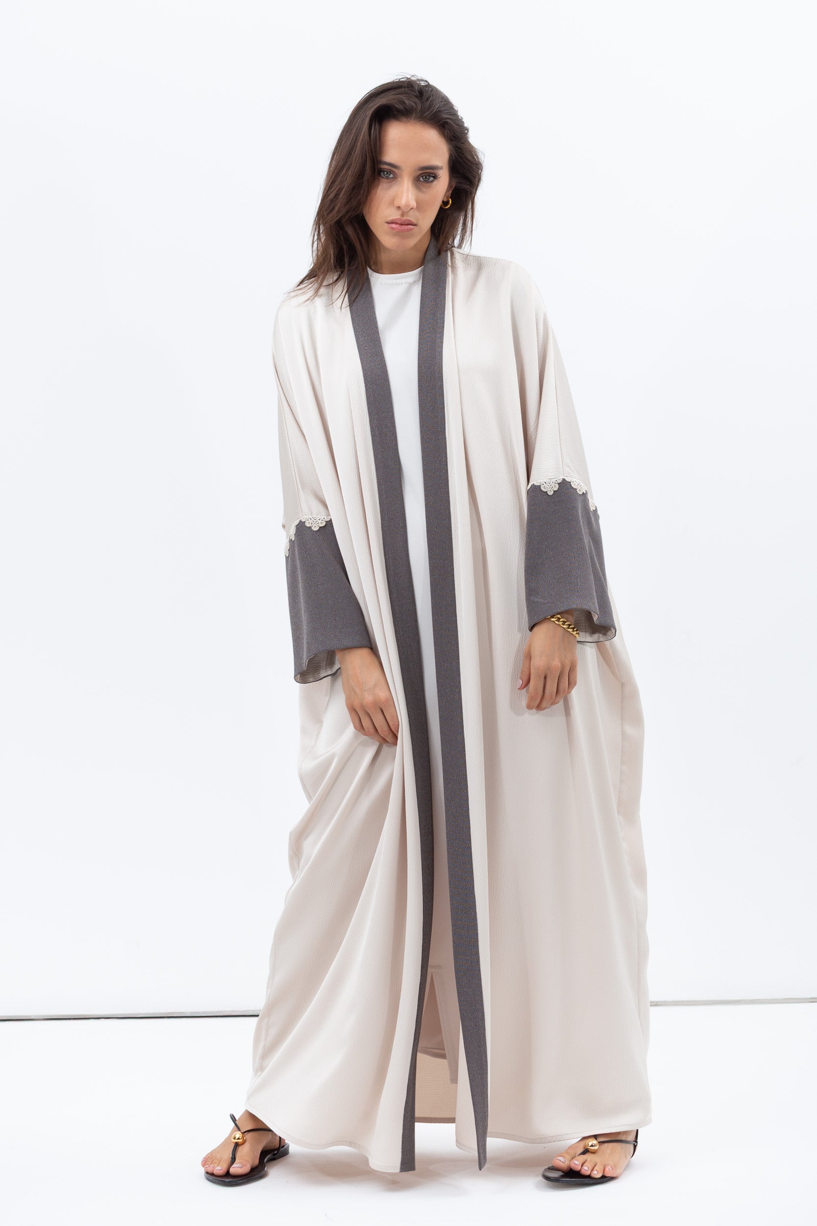 Loose cut Abaya in Beige with Grey Textured Detailing