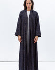 Shawl Lapel Abaya in Navy with Golden Print