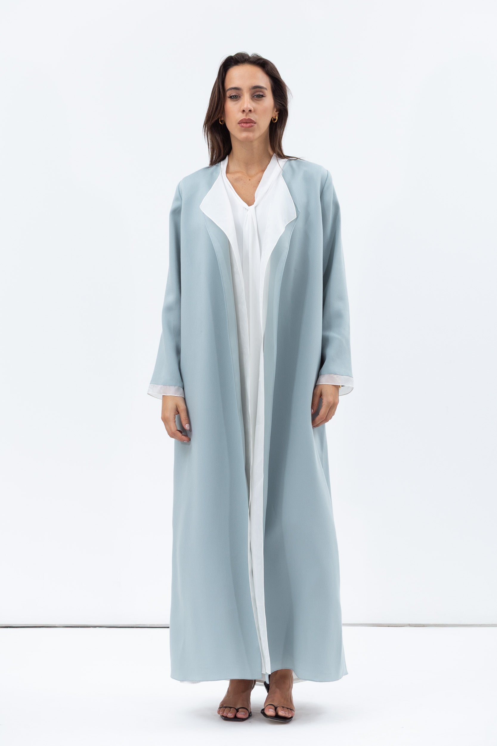 Tencel Twill Abaya in Light Blue with Silk Organza Details RTW