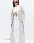 Flow Abaya in Taupe Linen with White Satin Detailing