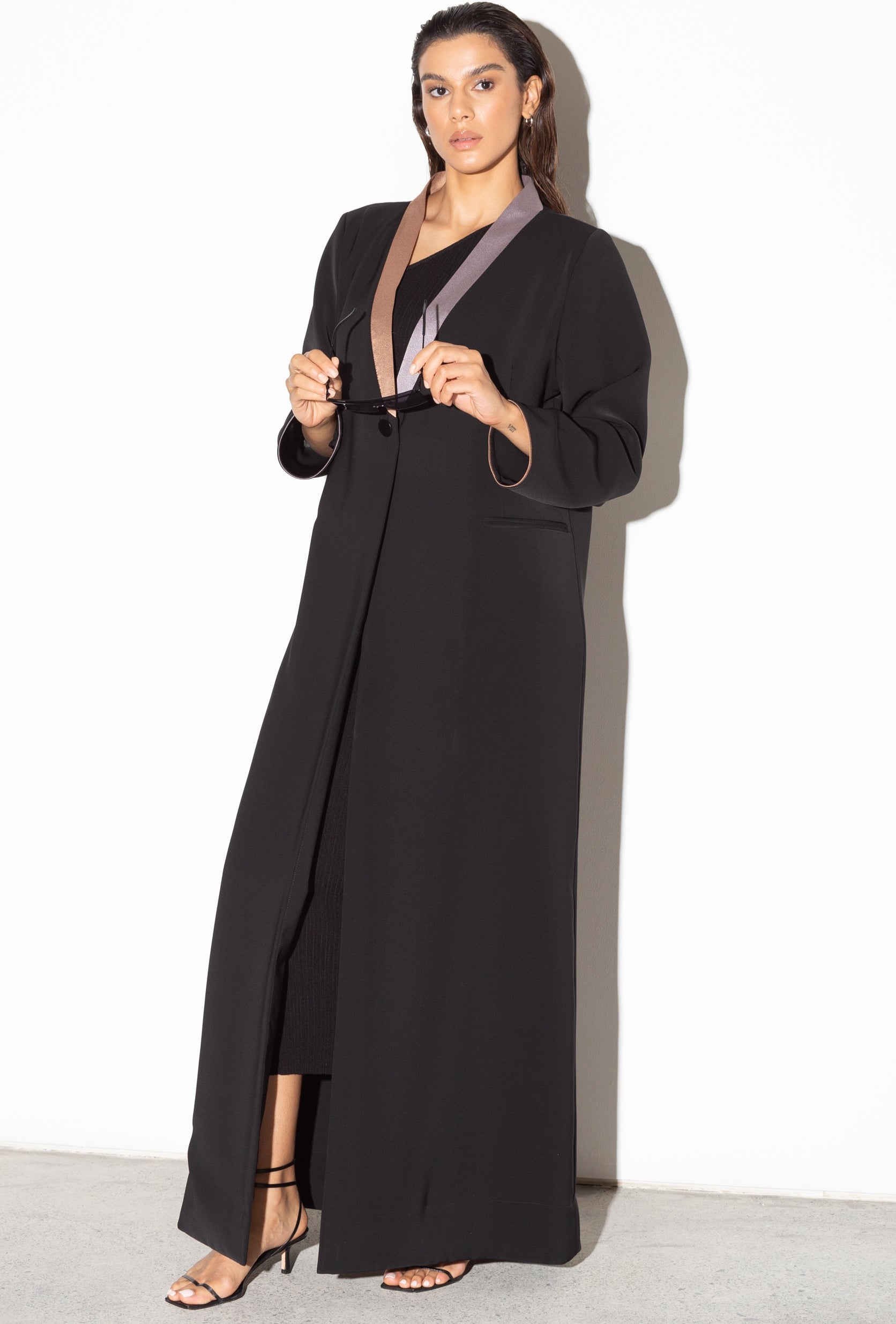 Black Tux Abaya with Metallic Gold: Silver Collar