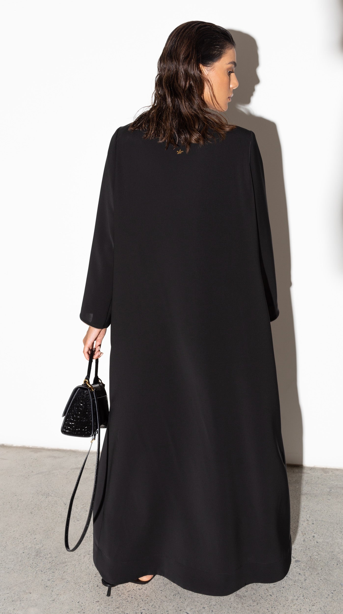 Black Tux Abaya with Metallic Gold: Silver Collar