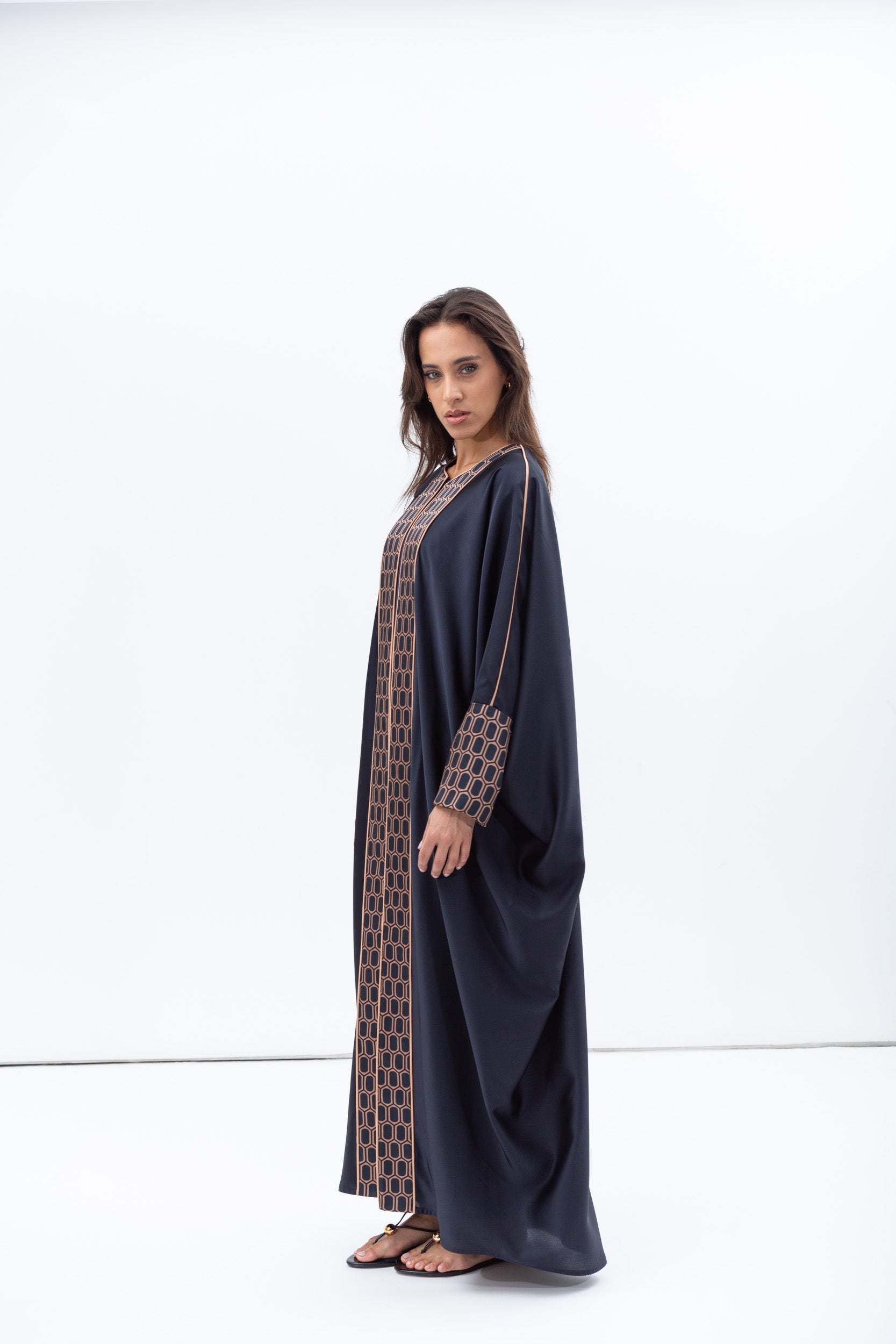 Butterfly Abaya in Navy Blue with Geometric Print