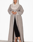 Linen Abaya in Stone with Ivory Inner Detail