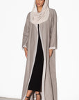 Linen Abaya in Stone with Ivory Inner Detail