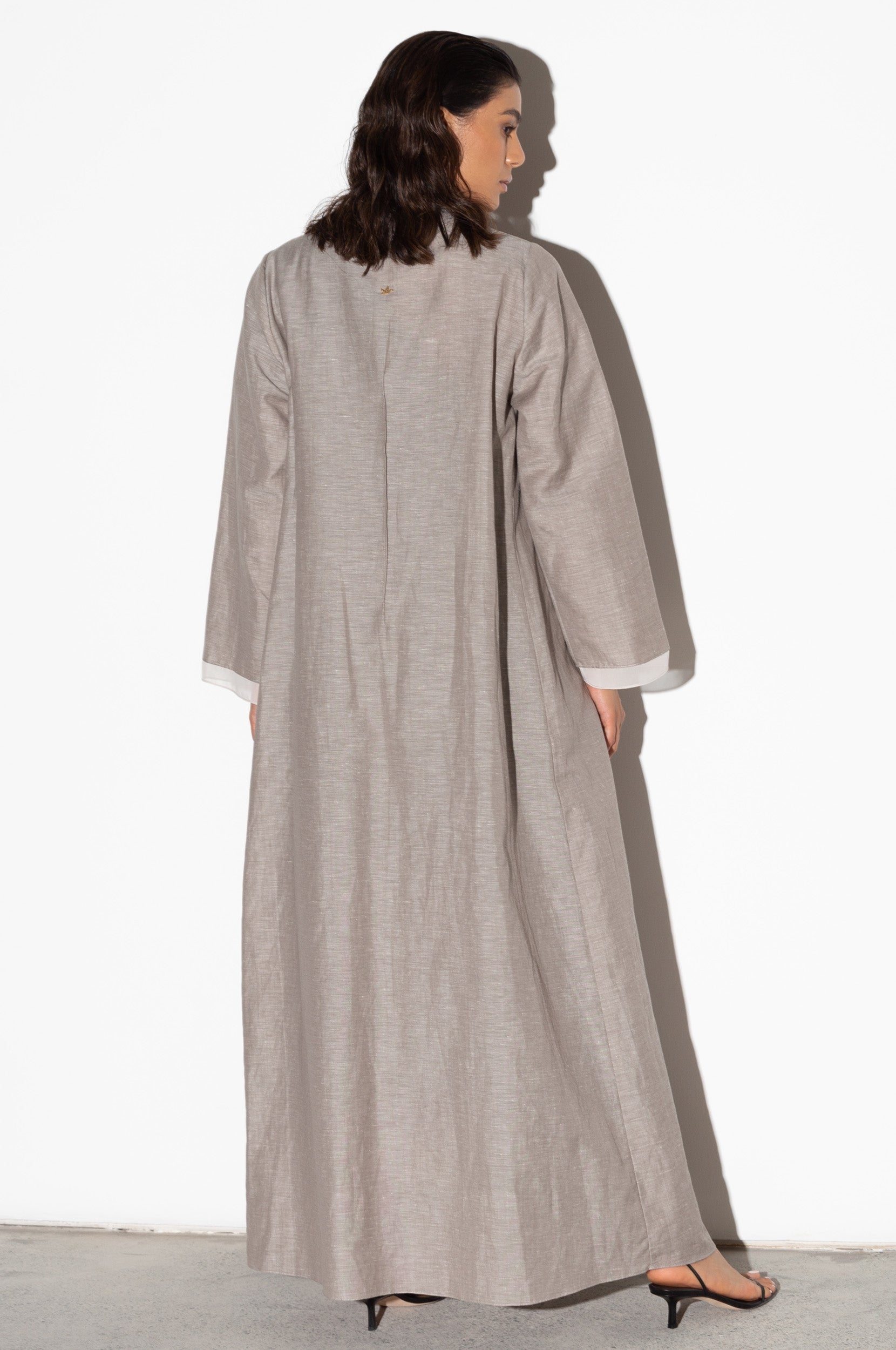 Linen Abaya in Stone with Ivory Inner Detail