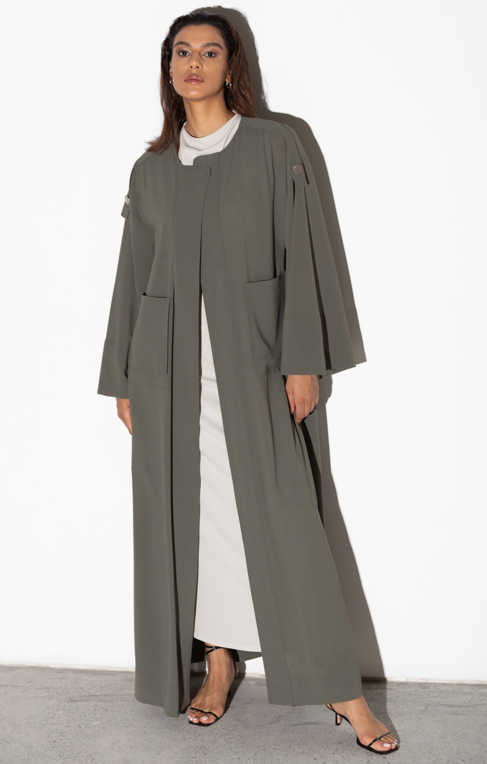 Closed Trench Abaya in Olive Green