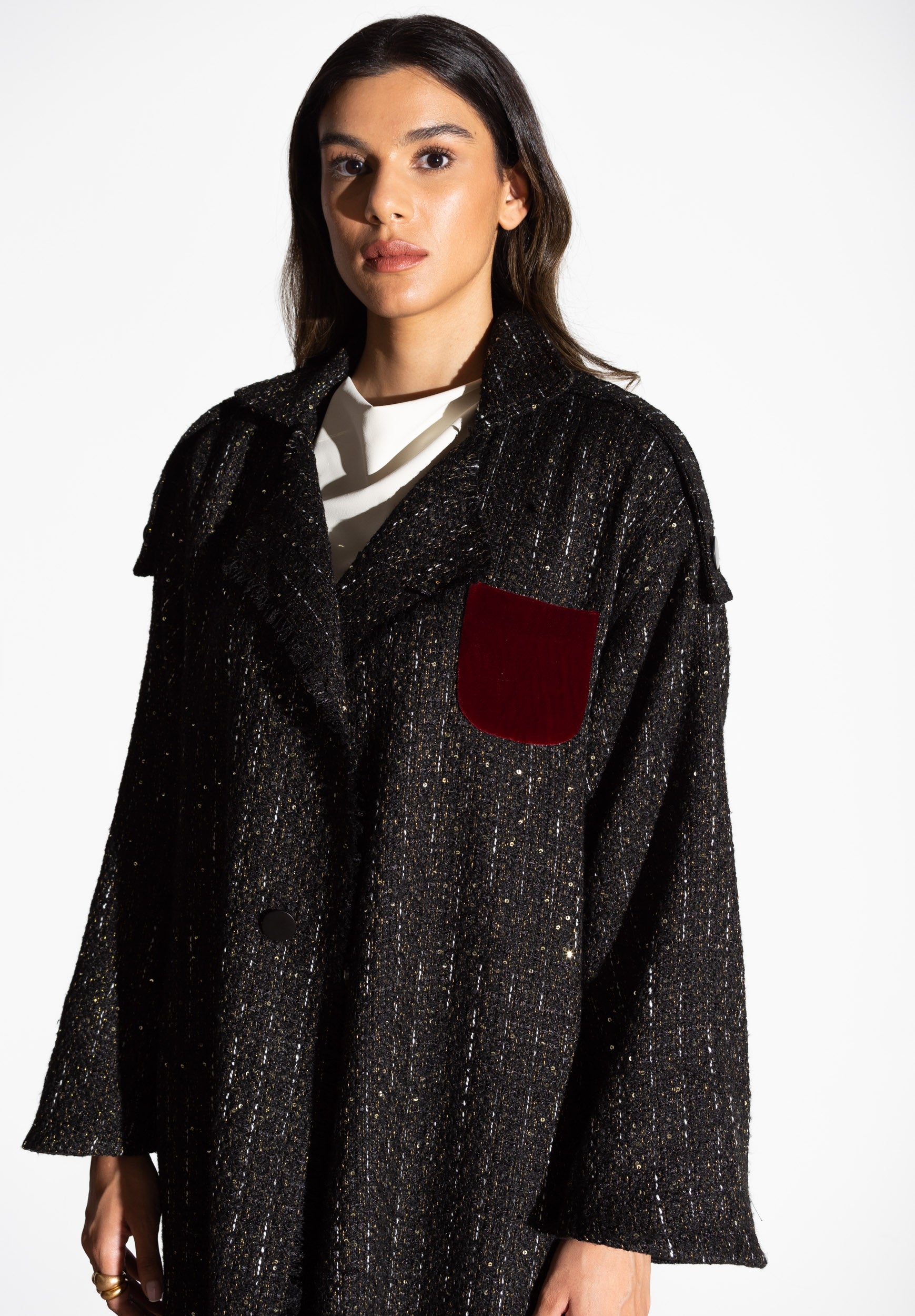 CHECKERED TWEED WITH MAROON VELVET WINTER ABAYA