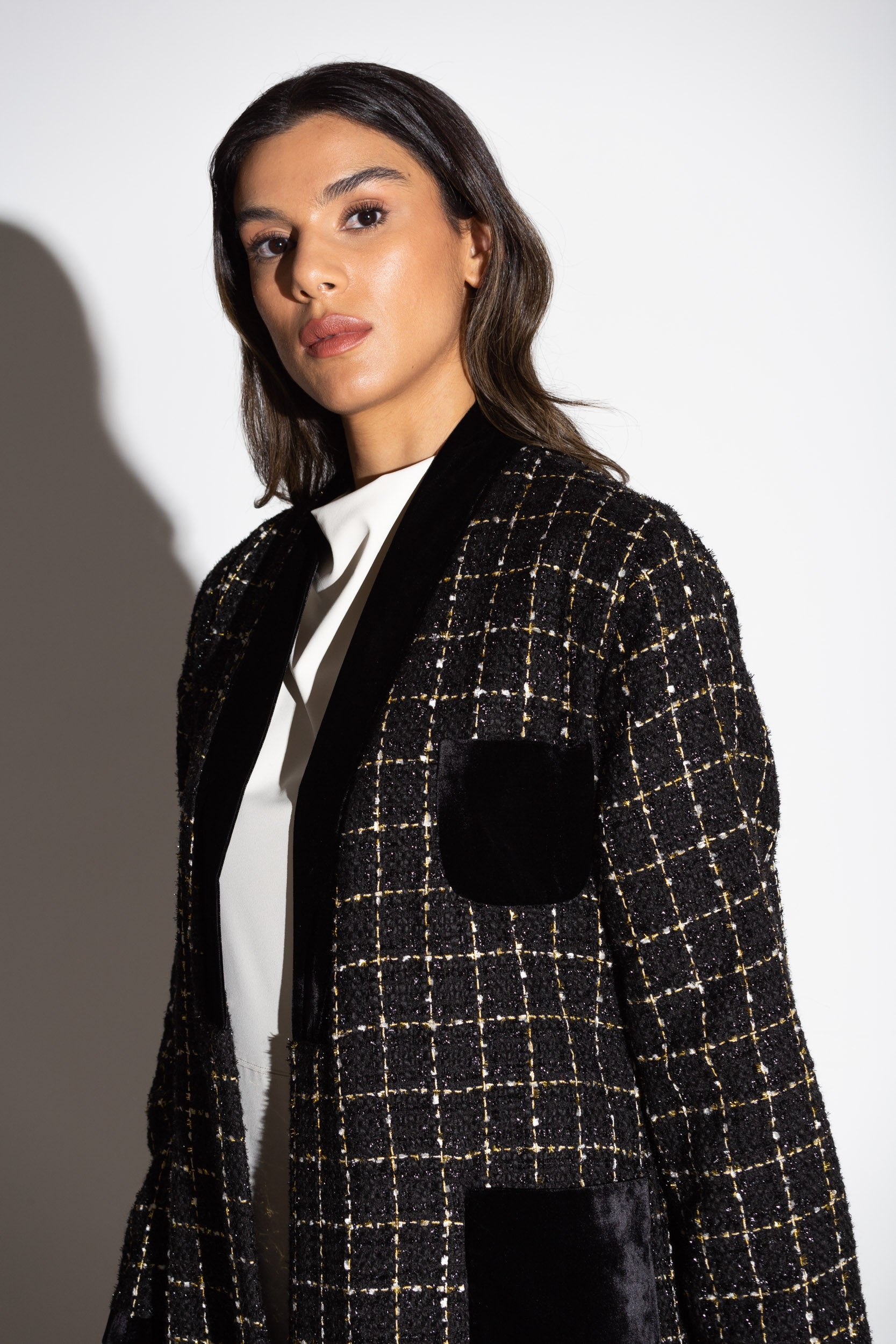 CHECKERED TWEED WITH BLACK VELVET WINTER ABAYA