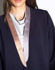 Navy Blue Tux Abaya with Metallic Gold_Silver Collar