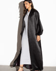 Crushed Black Satin Abaya with Bubble Sleeves