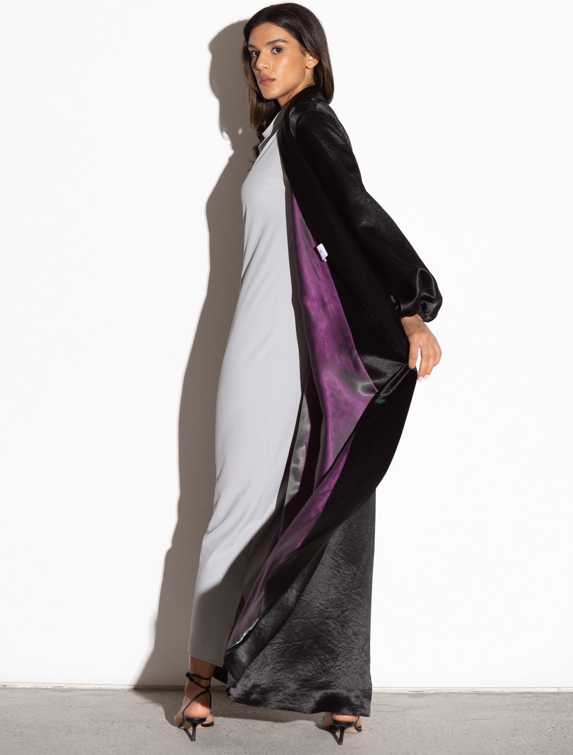 Crushed Black Satin Abaya with Bubble Sleeves