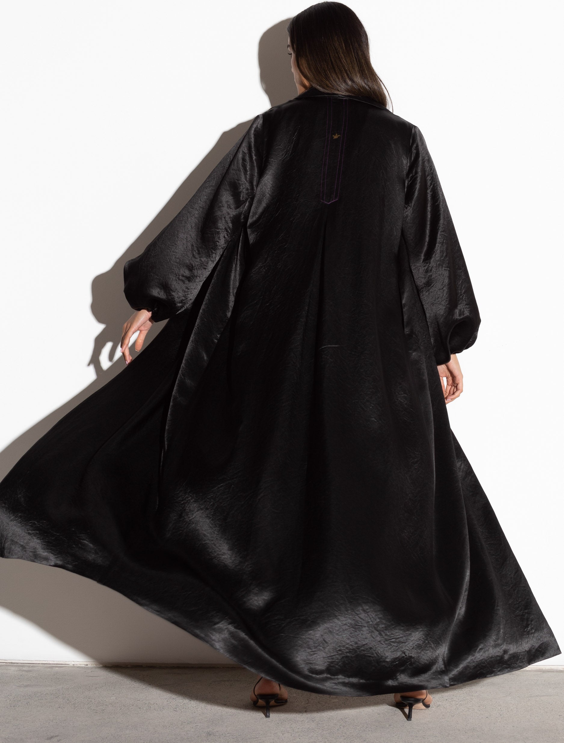 Crushed Black Satin Abaya with Bubble Sleeves