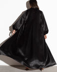 Crushed Black Satin Abaya with Bubble Sleeves