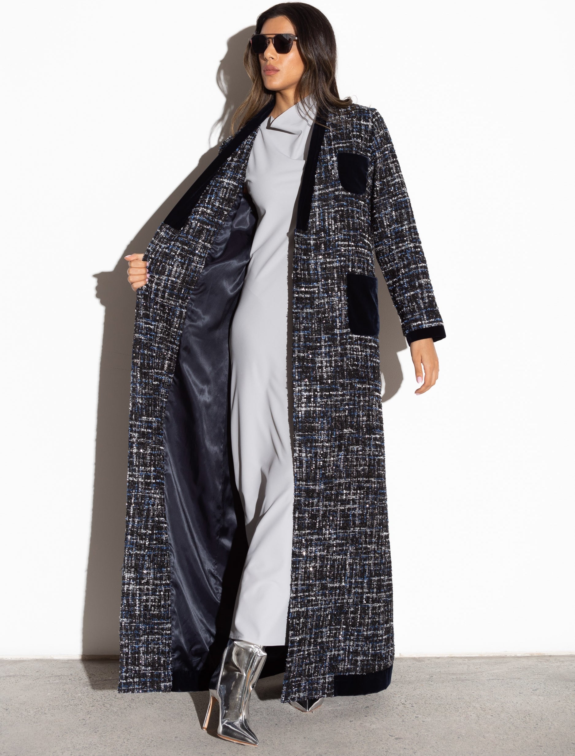 Winter Navy Blue Tweed Metallic Abaya