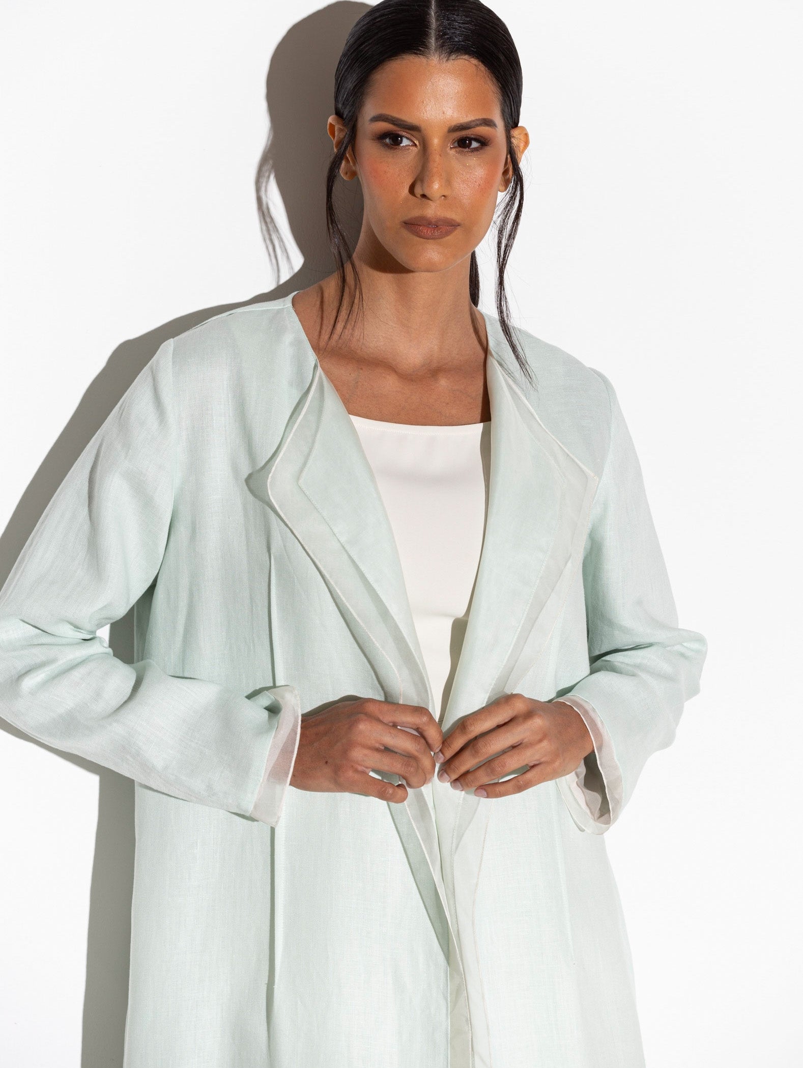 Linen Abaya in Mint Green with White Organza