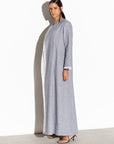 Linen Abaya in Blue with Ivory Silk Organza