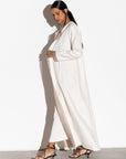 Linen White Abaya with Taupe Silk organza