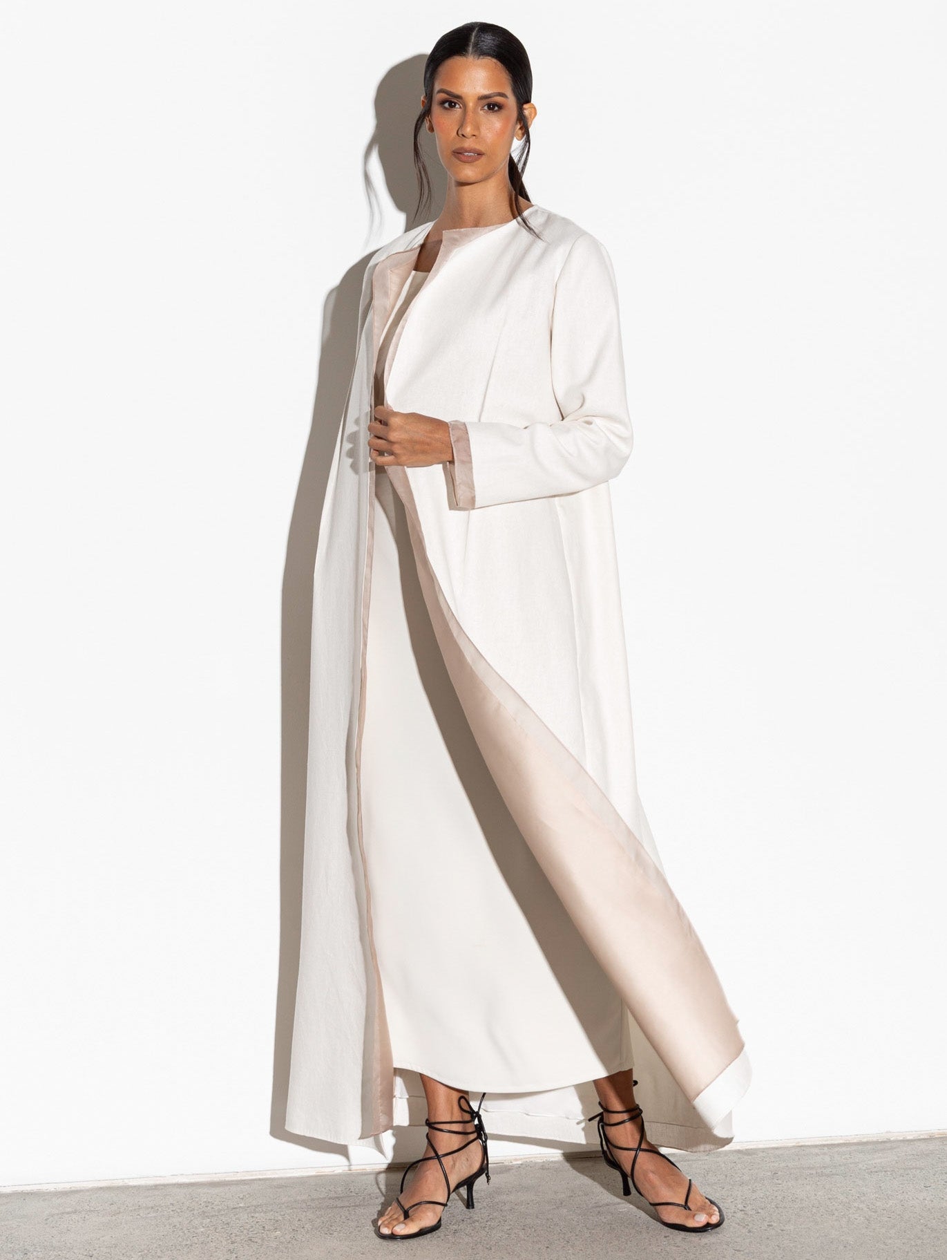 Linen White Abaya with Taupe Silk organza