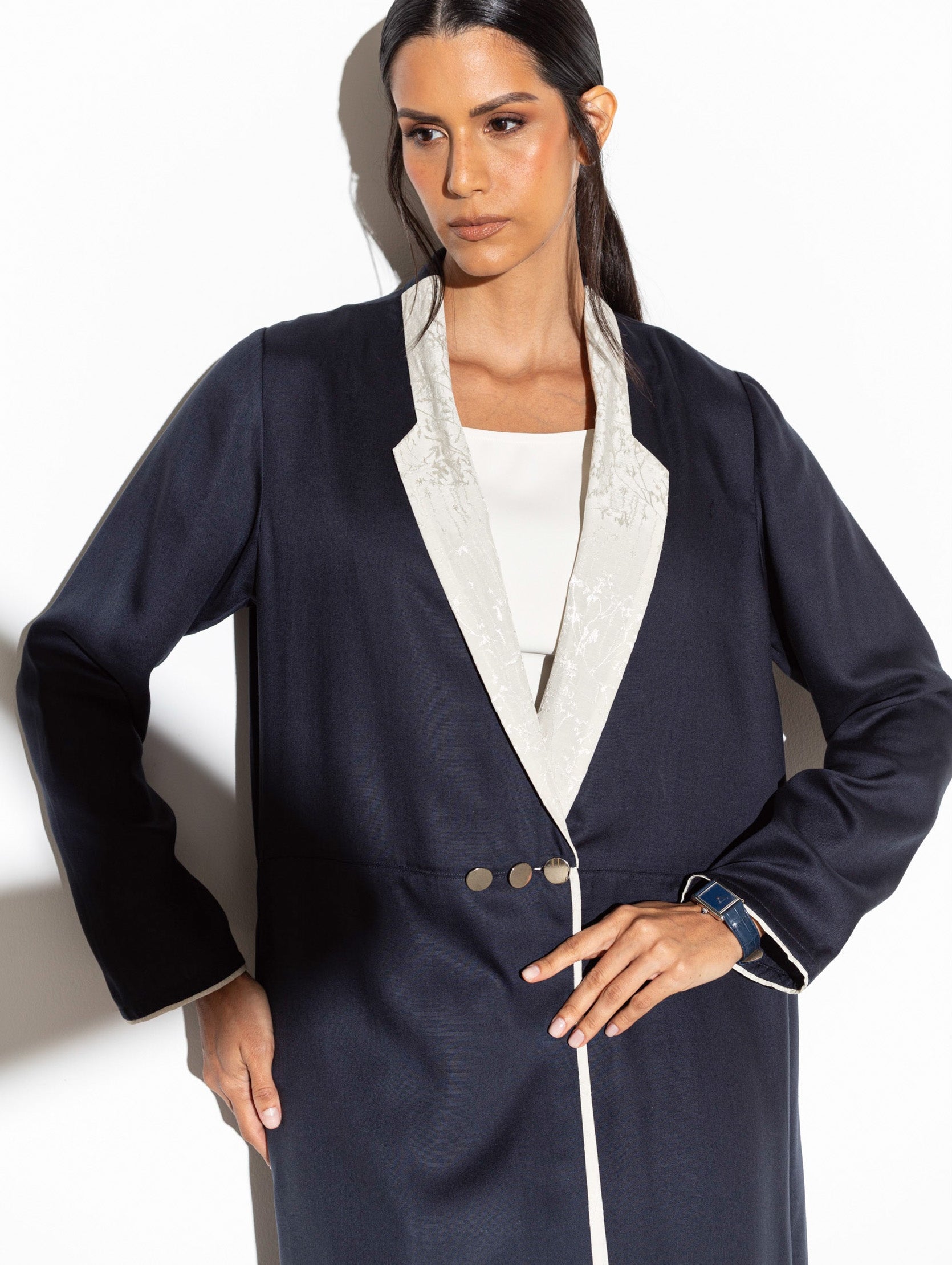 Blue Jacket Abaya with Ivory Collar