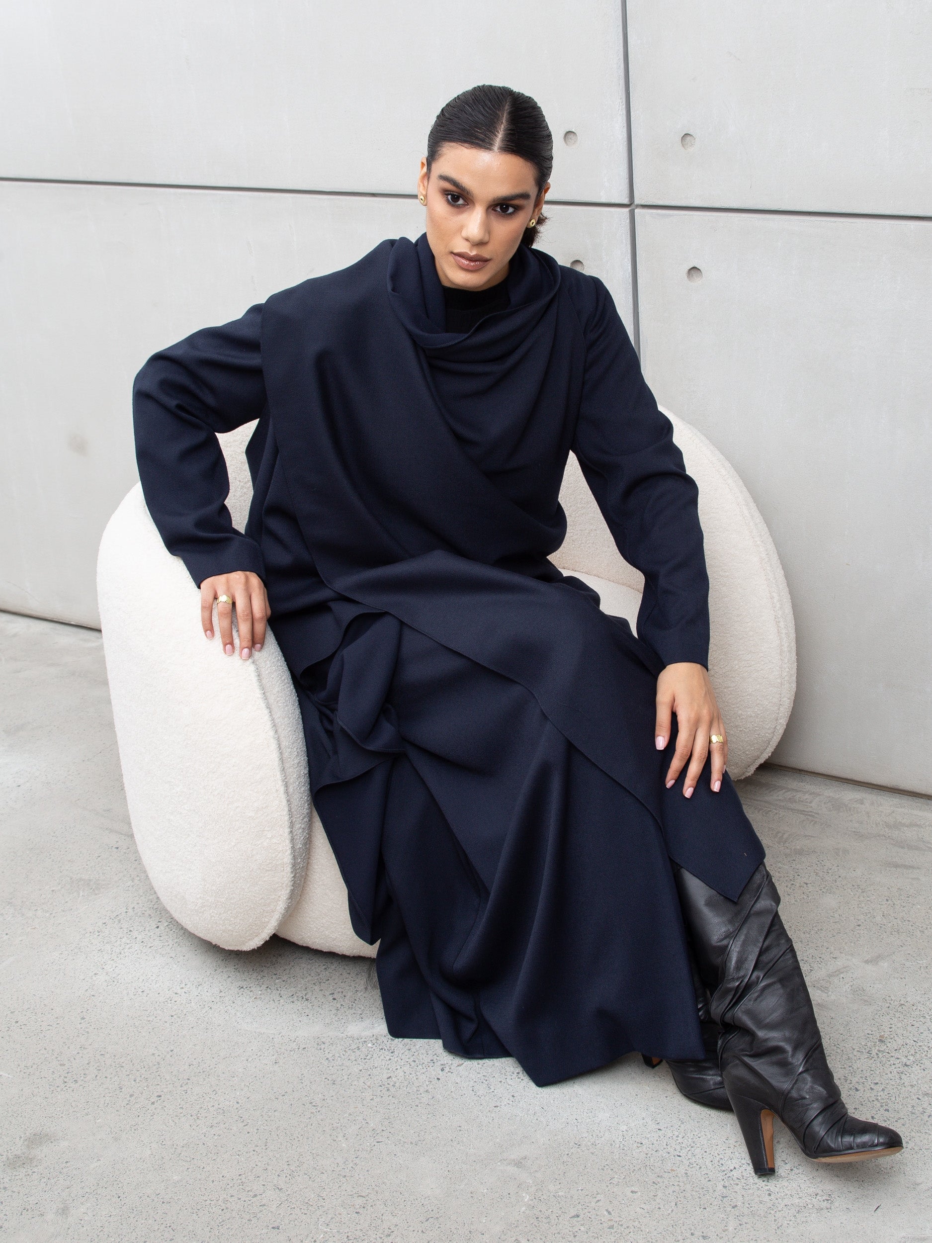 Winter Double Layered Abaya in Navy