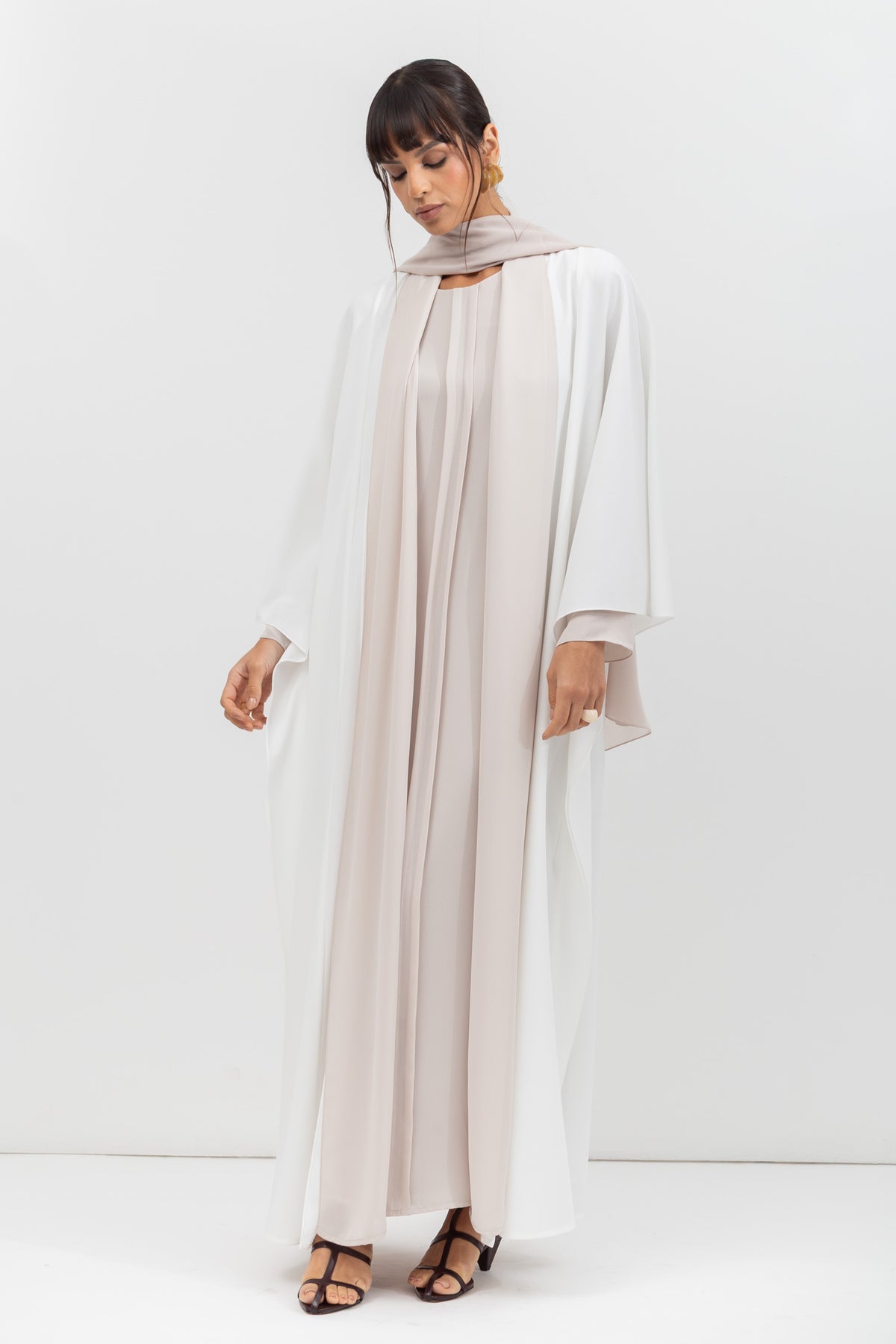 Double Flow Abaya with Beige Collar in Ivory RTW