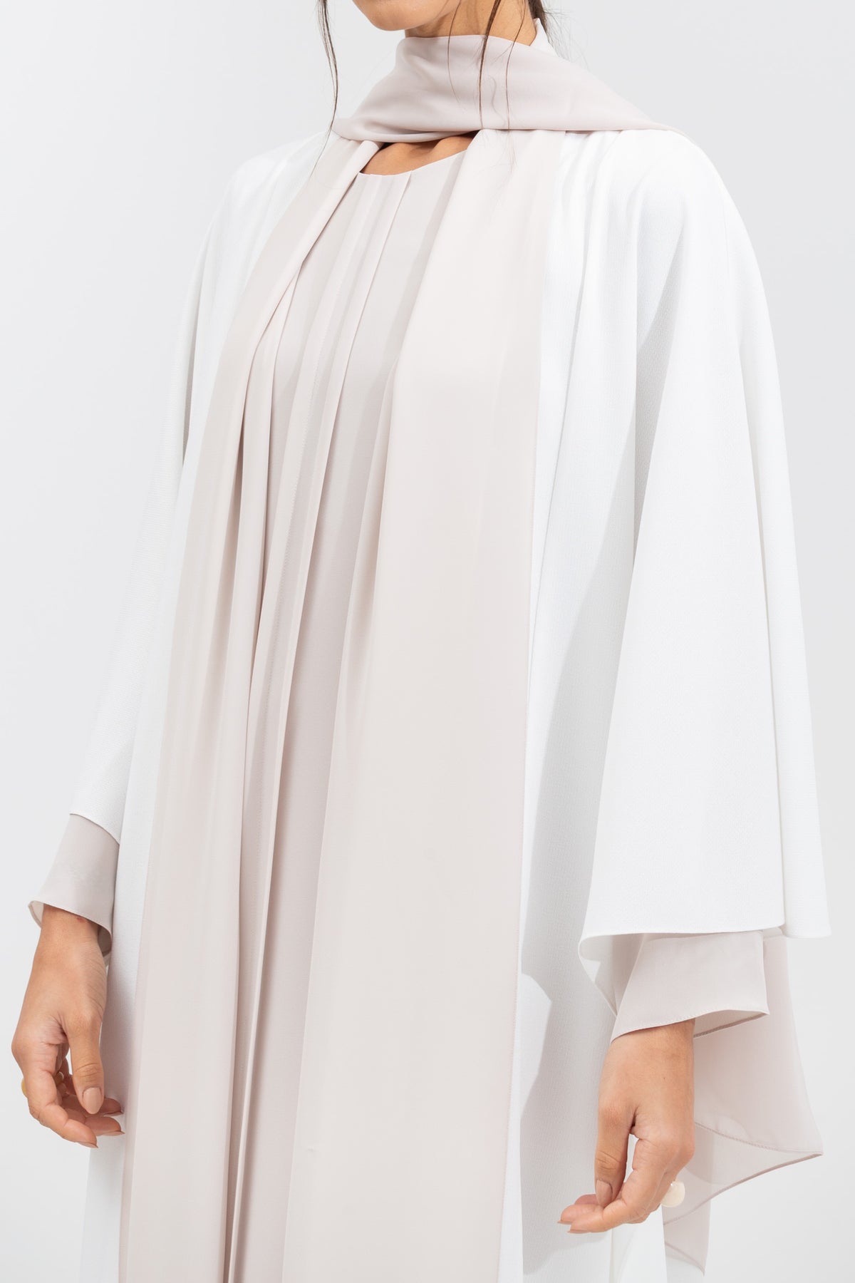 Double Flow Abaya with Beige Collar in Ivory RTW