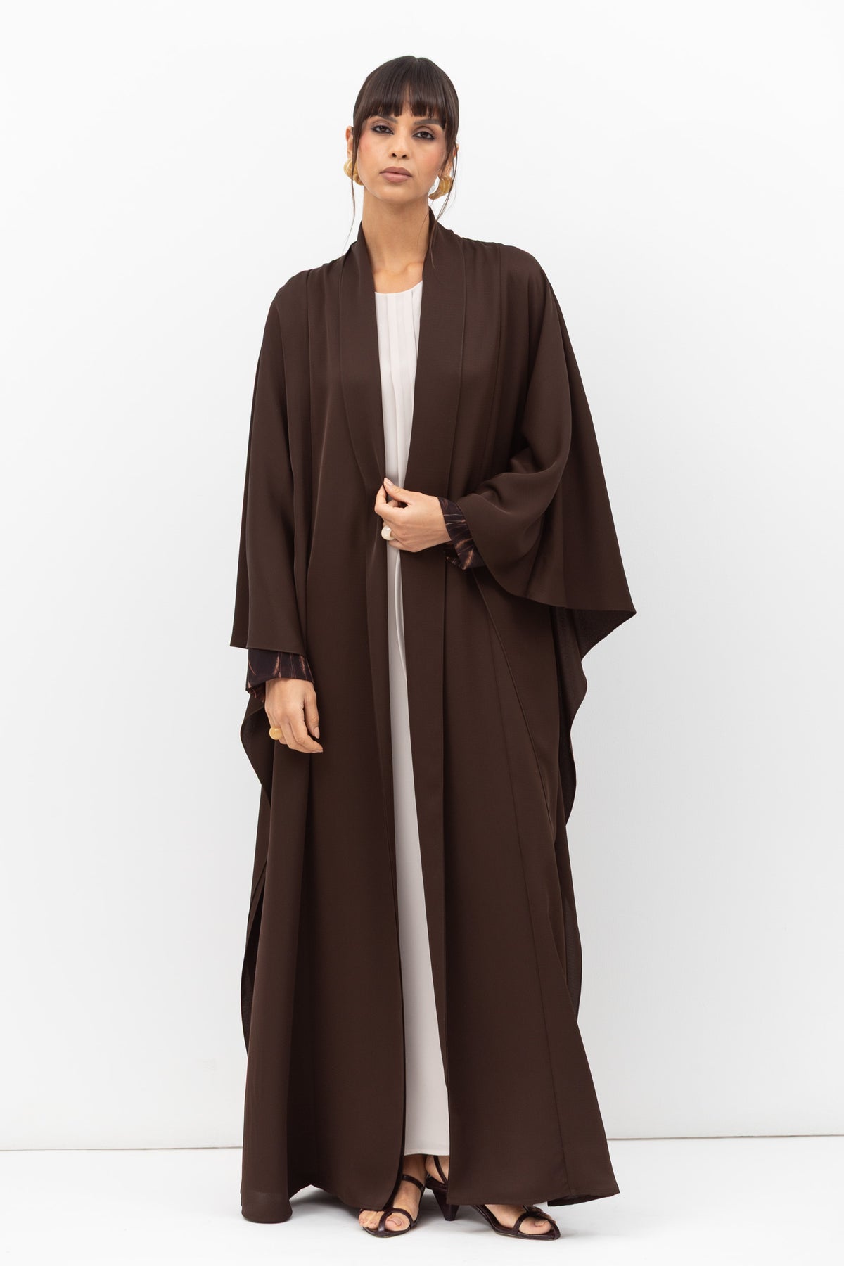 Double Flow Abaya with Printed Lining in Chocolate Brown RTW