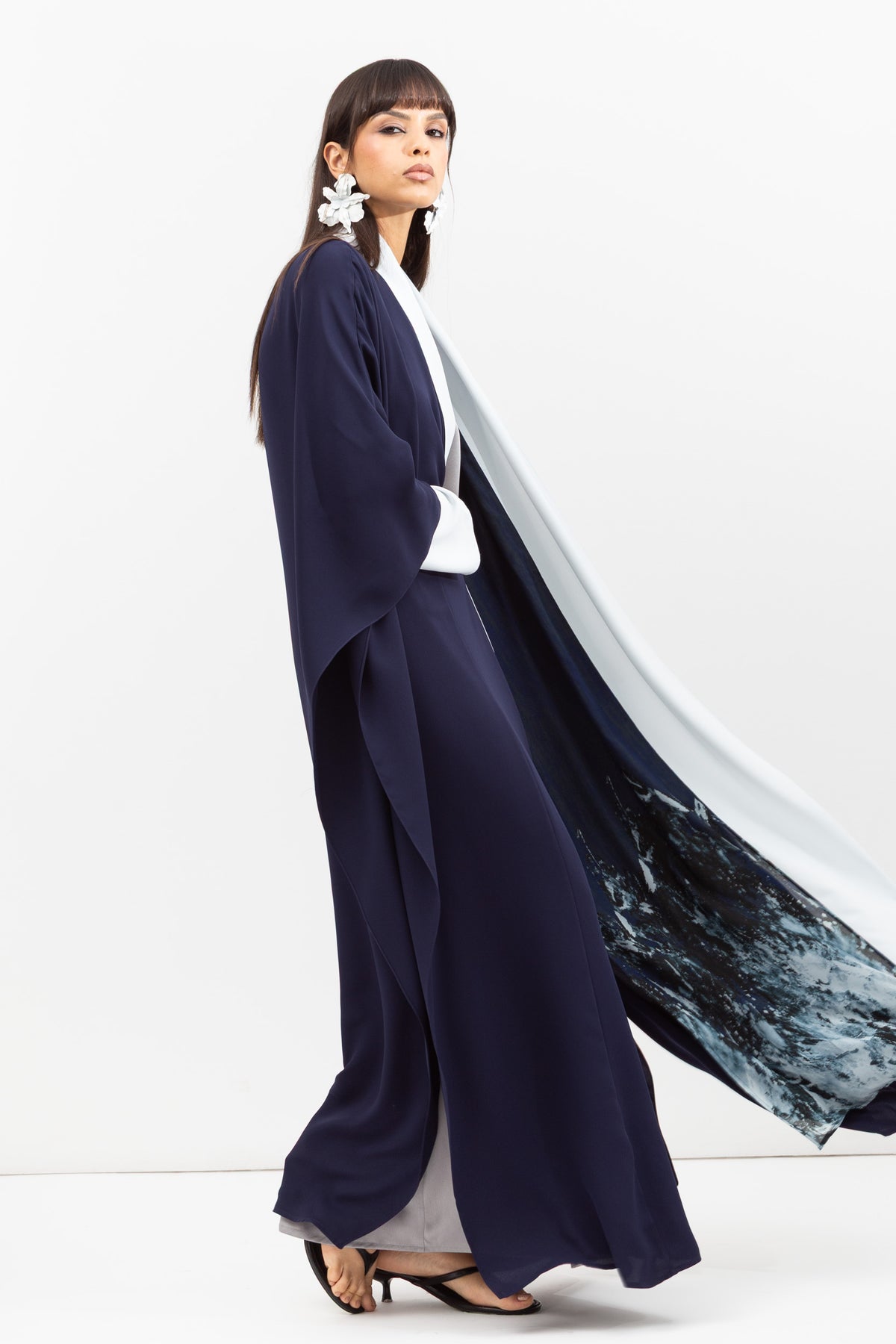 Double Flow Abaya with Printed Lining in Navy