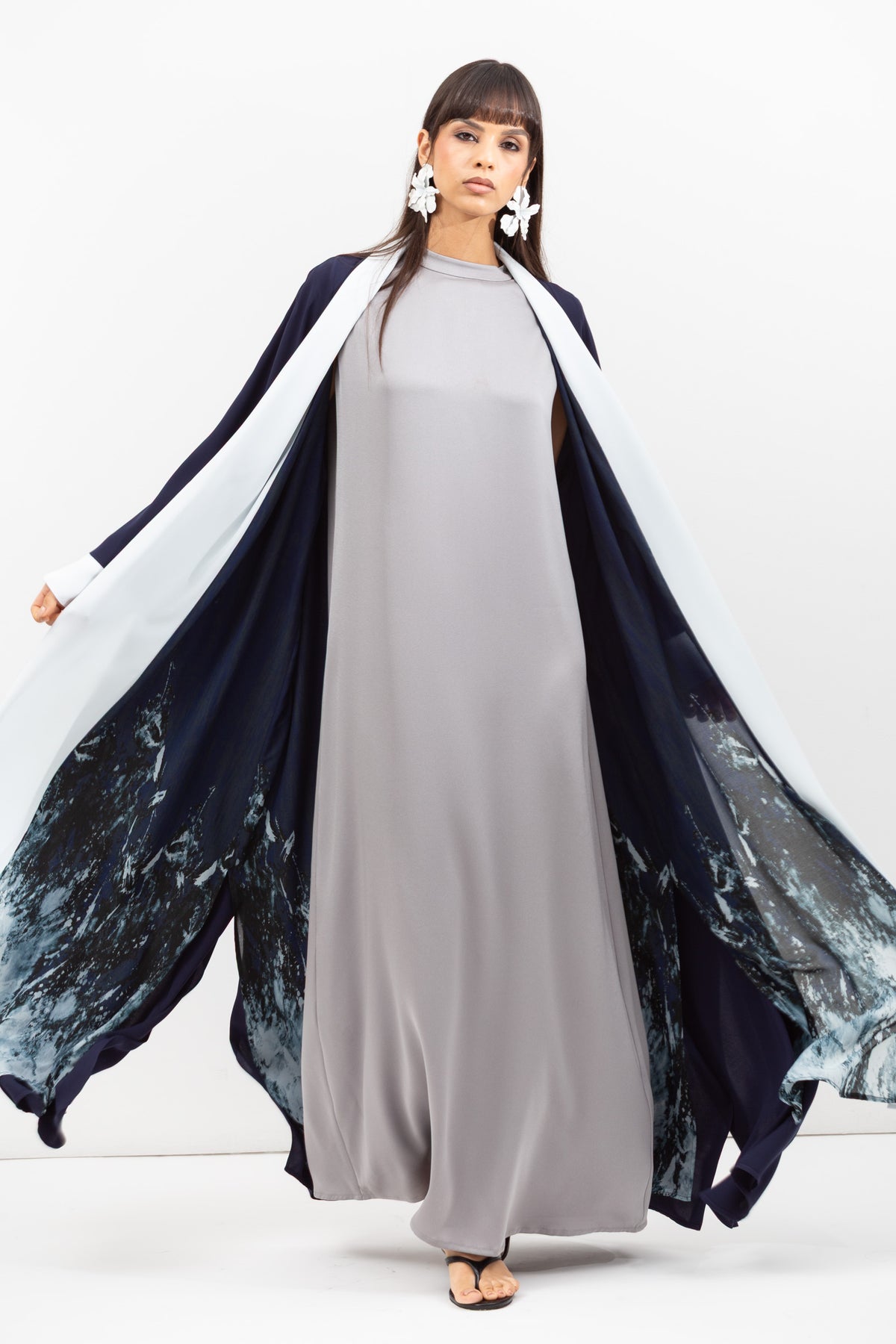 Double Flow Abaya with Printed Lining in Navy RTW