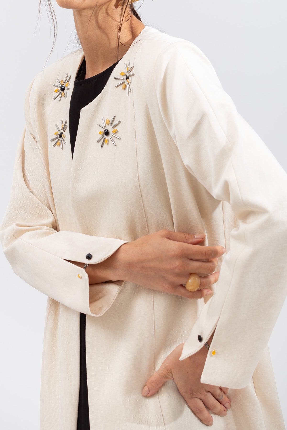 Embellished Front Abaya in Beige