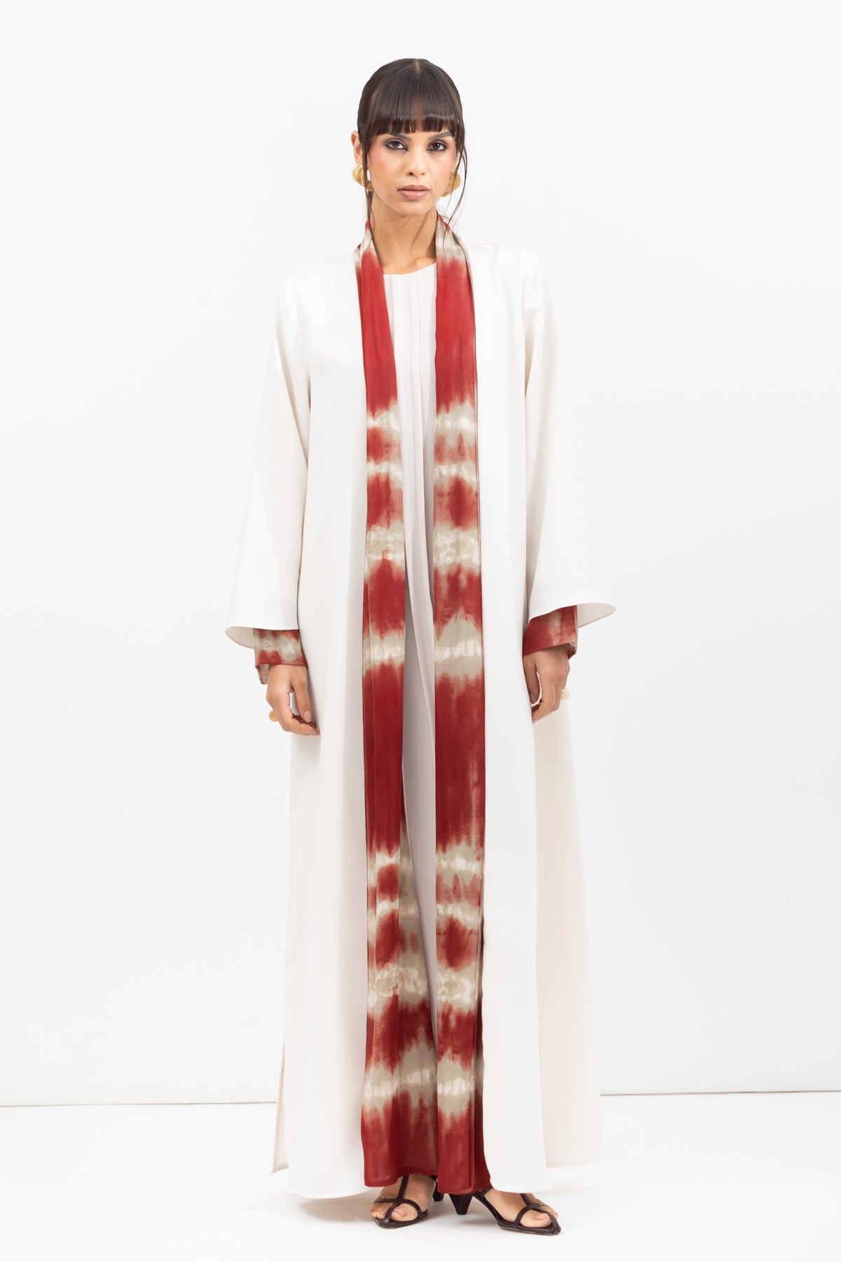 Fluid Shawl Lapel Abaya in Ivory and Red RTW