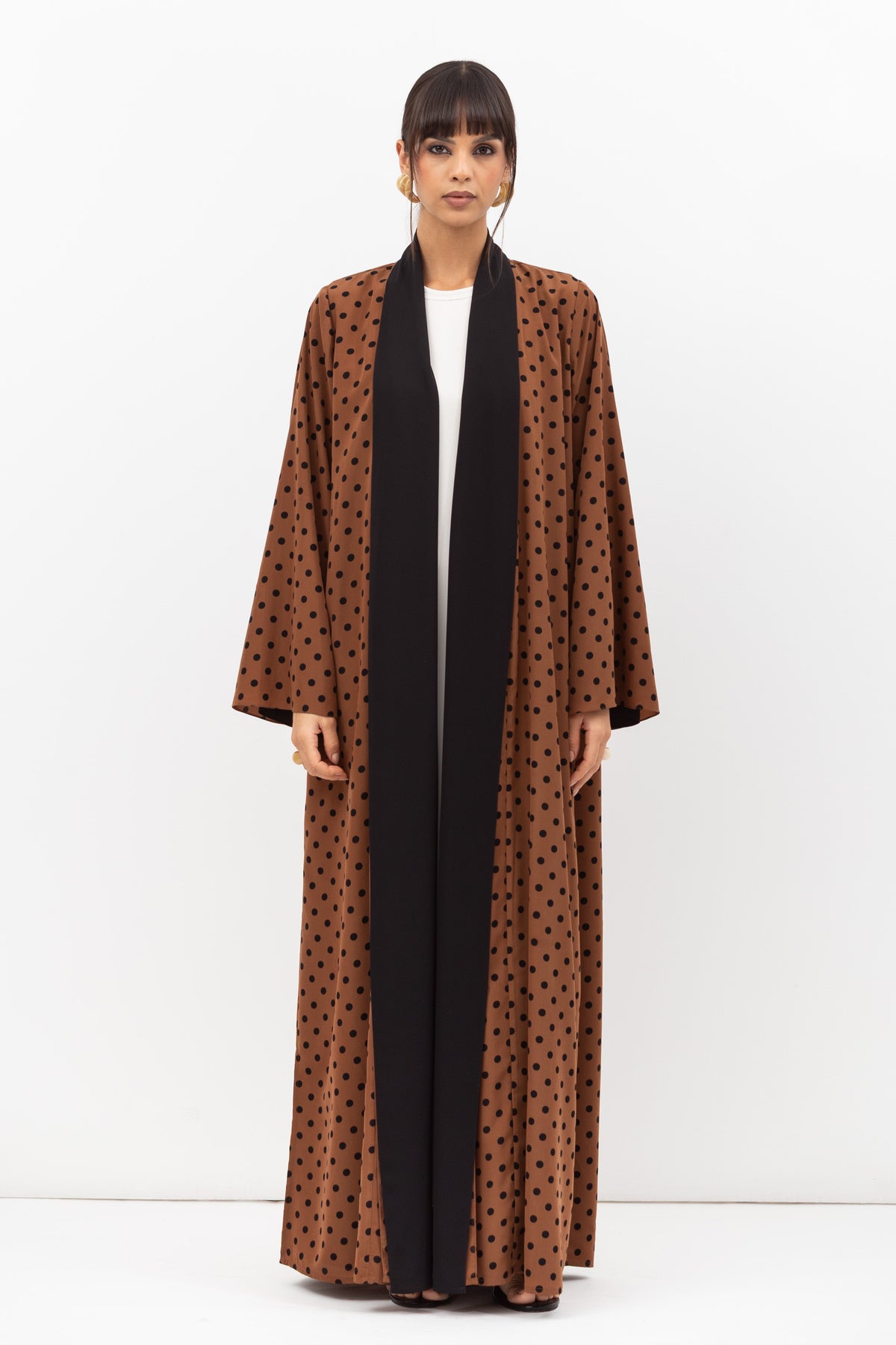 Fluid Shawl Lapel Abaya in Polka Dot Brown RTW