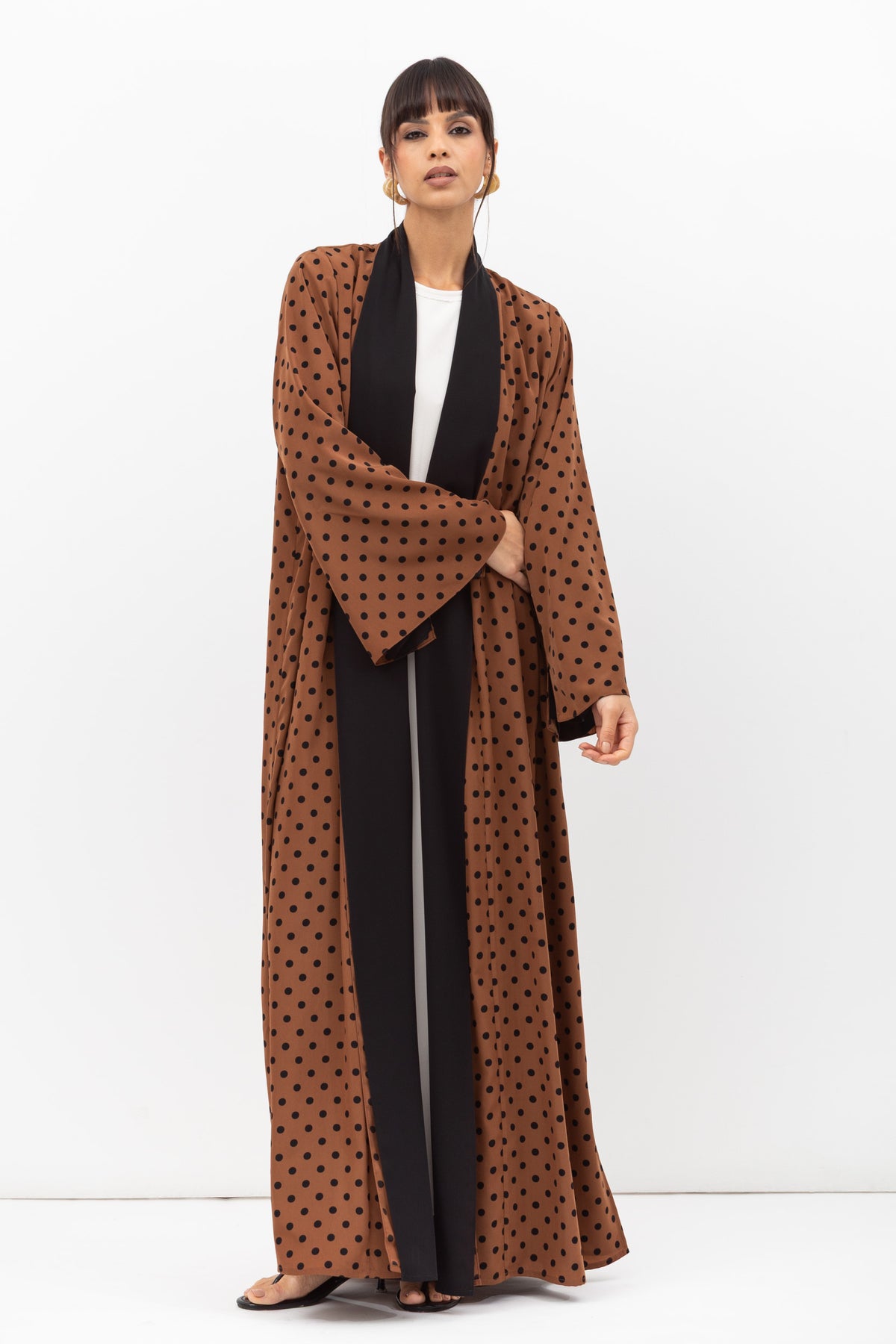 Fluid Shawl Lapel Abaya in Polka Dot Brown RTW