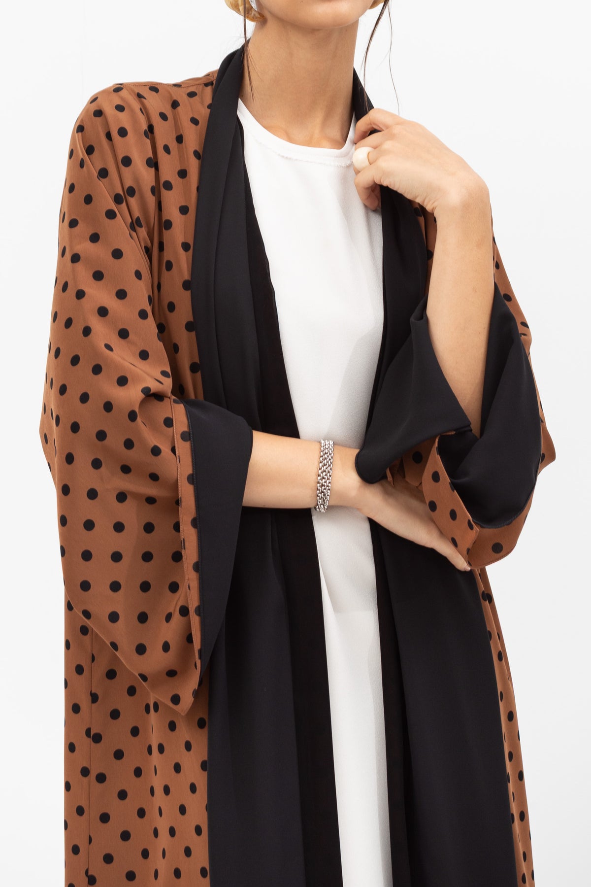 Fluid Shawl Lapel Abaya in Polka Dot Brown