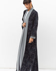 Fluid Shawl Lapel Abaya in Printed Dark Blue