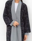 Fluid Shawl Lapel Abaya in Printed Dark Blue RTW
